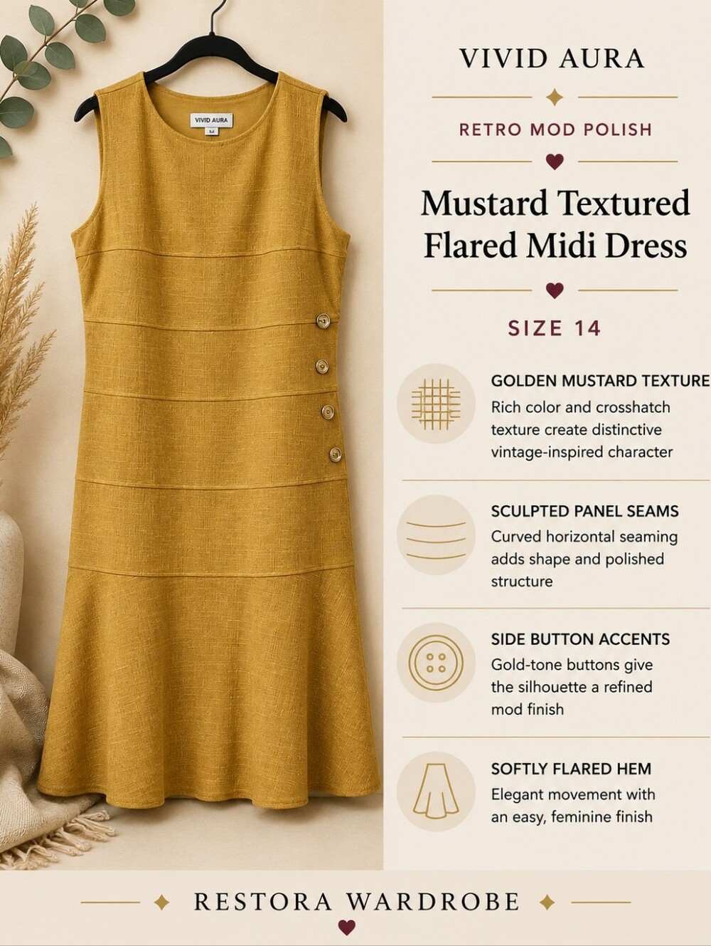 Mustard Yellow Retro Mod Textured Fit & Flare Midi Dress Side Button 14